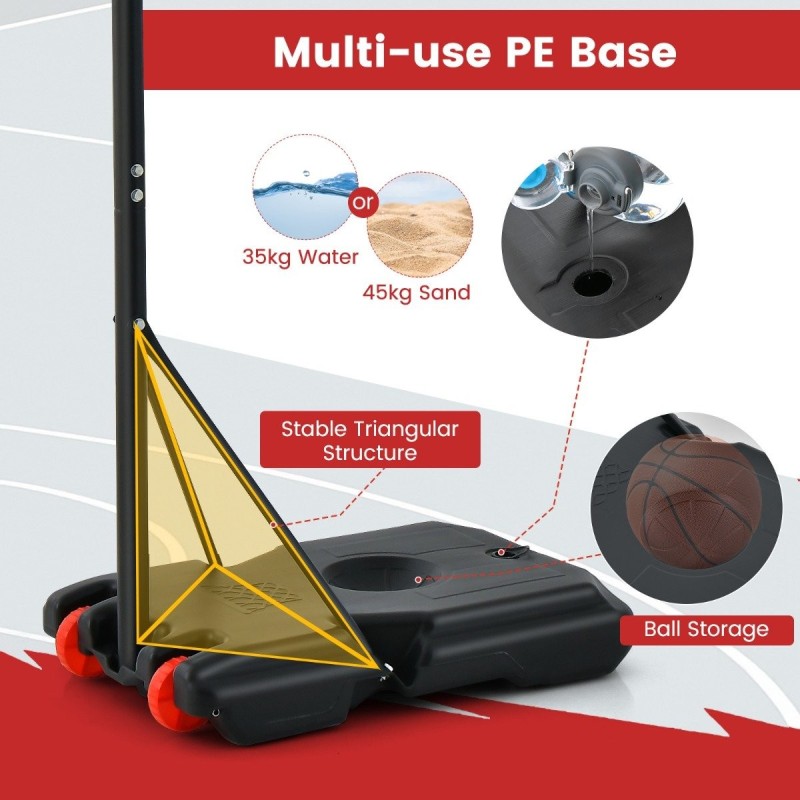 Säädettävä musta koripalloteline pyörillä ulko- ja sisäkäyttöön