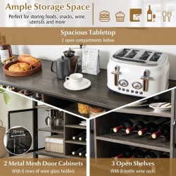 Harmaa buffet-sivupöytä viinikaapilla ja lasipidikkeillä