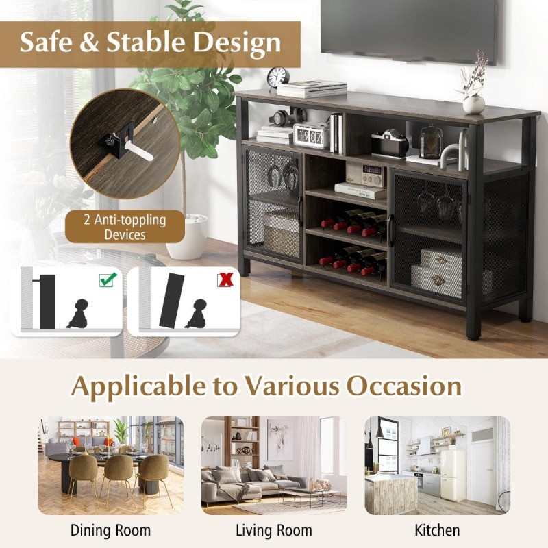 Harmaa buffet-sivupöytä viinikaapilla ja lasipidikkeillä