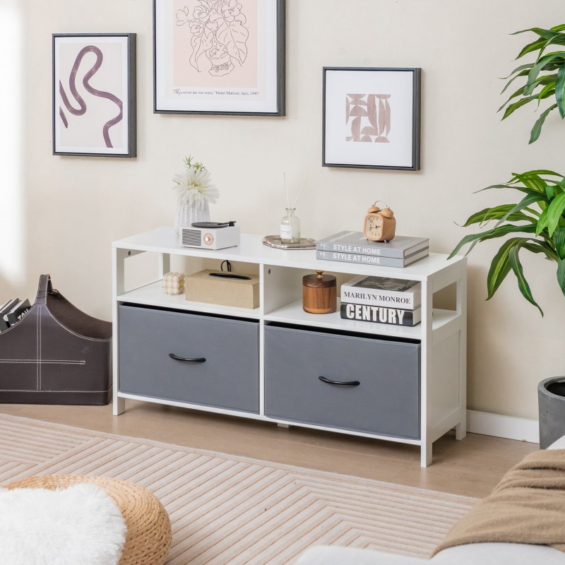 Valkoinen kangaslipasto 2 laatikolla ja 2 avohyllyllä