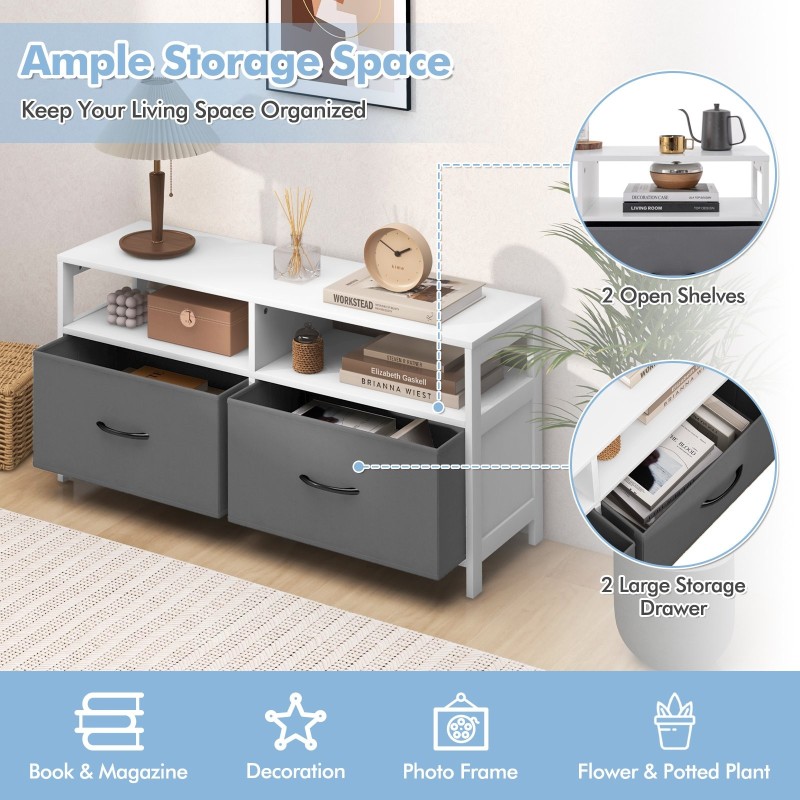 Valkoinen kangaslipasto 2 laatikolla ja 2 avohyllyllä