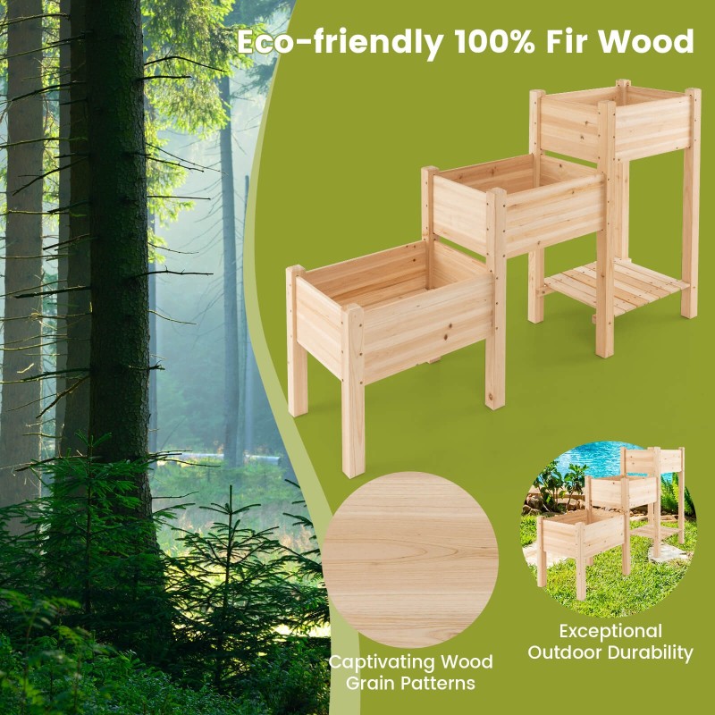 Kolmikerroksinen kohotettu puutarhapenkki kuusipuusta, luonnollinen väri