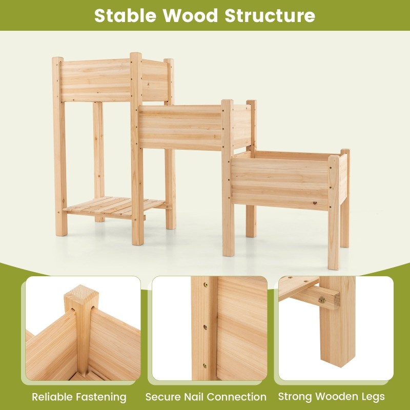 Kolmikerroksinen kohotettu puutarhapenkki kuusipuusta, luonnollinen väri