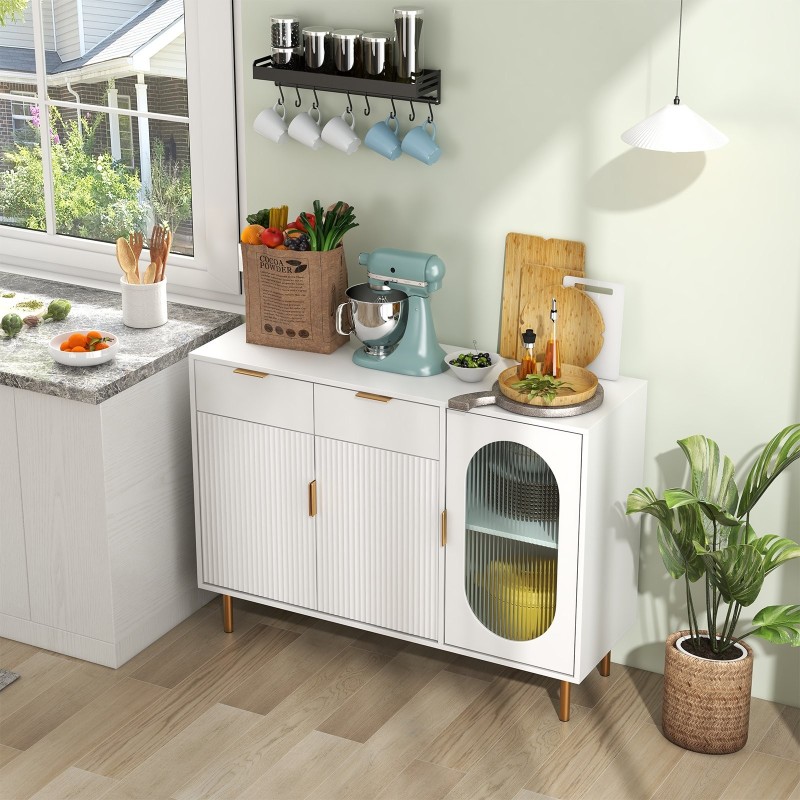 Valkoinen keittiön säilytyskaappi kahdella laatikolla ja kaapilla