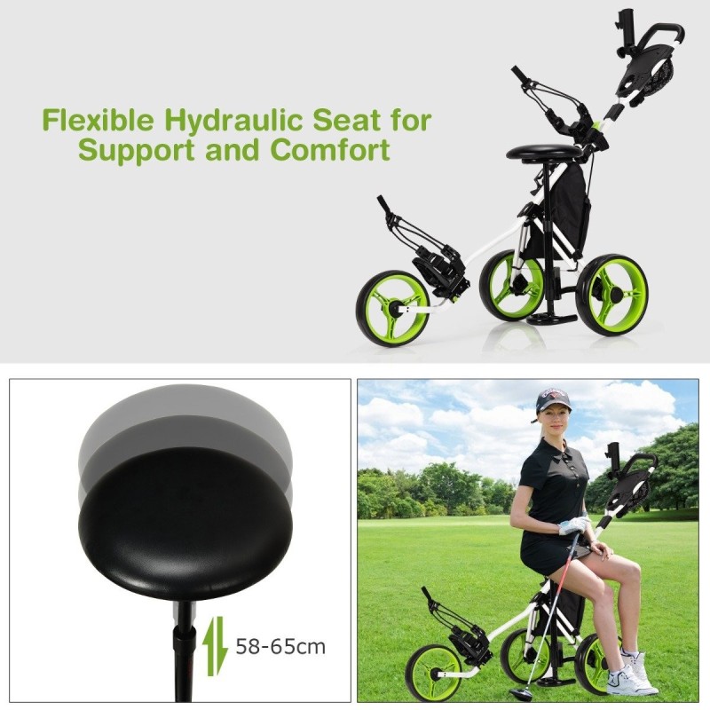 Kolmipyöräinen alumiininen golfkärry istuimella ja sateenvarjotelineellä