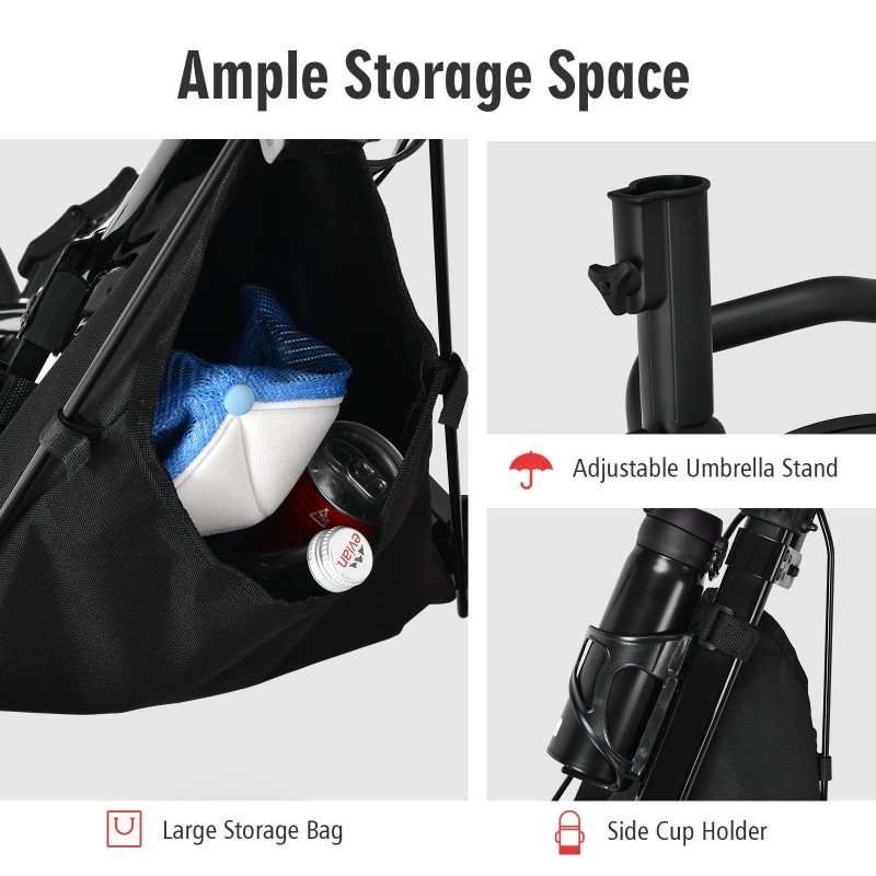 Kolmipyöräinen alumiininen golfkärry istuimella ja sateenvarjotelineellä