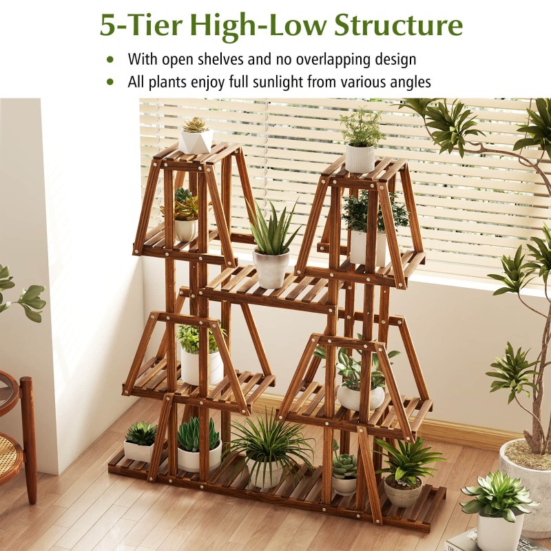 Monikäyttöinen 5-tasoinen puinen kukkateline hiiltyneestä mäntypuusta