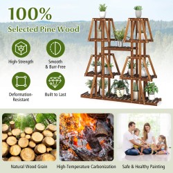 Monikäyttöinen 5-tasoinen puinen kukkateline hiiltyneestä mäntypuusta