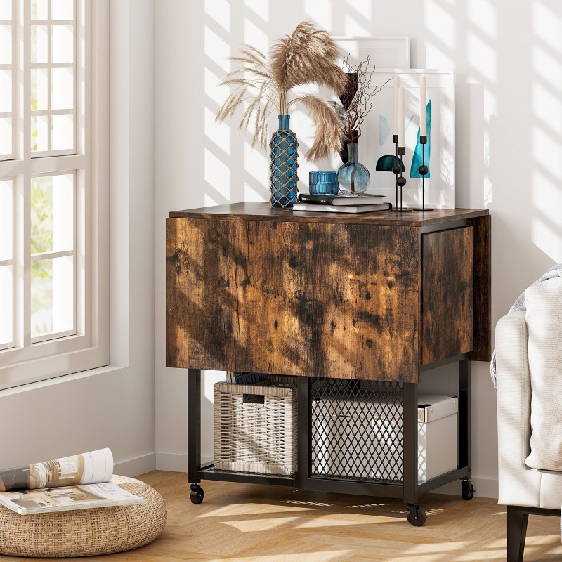 Kolmiosainen taitettava ruokailuryhmä pyörillä pieniin tiloihin ruskea