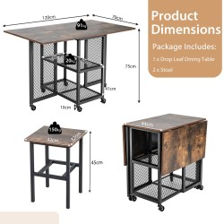 Kolmiosainen taitettava ruokailuryhmä pyörillä pieniin tiloihin ruskea