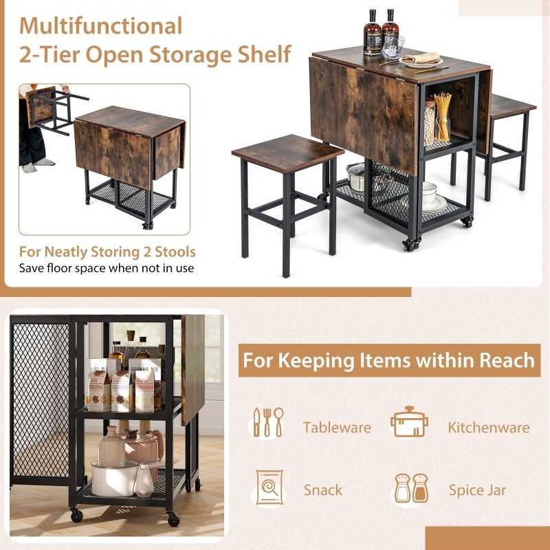 Kolmiosainen taitettava ruokailuryhmä pyörillä pieniin tiloihin ruskea