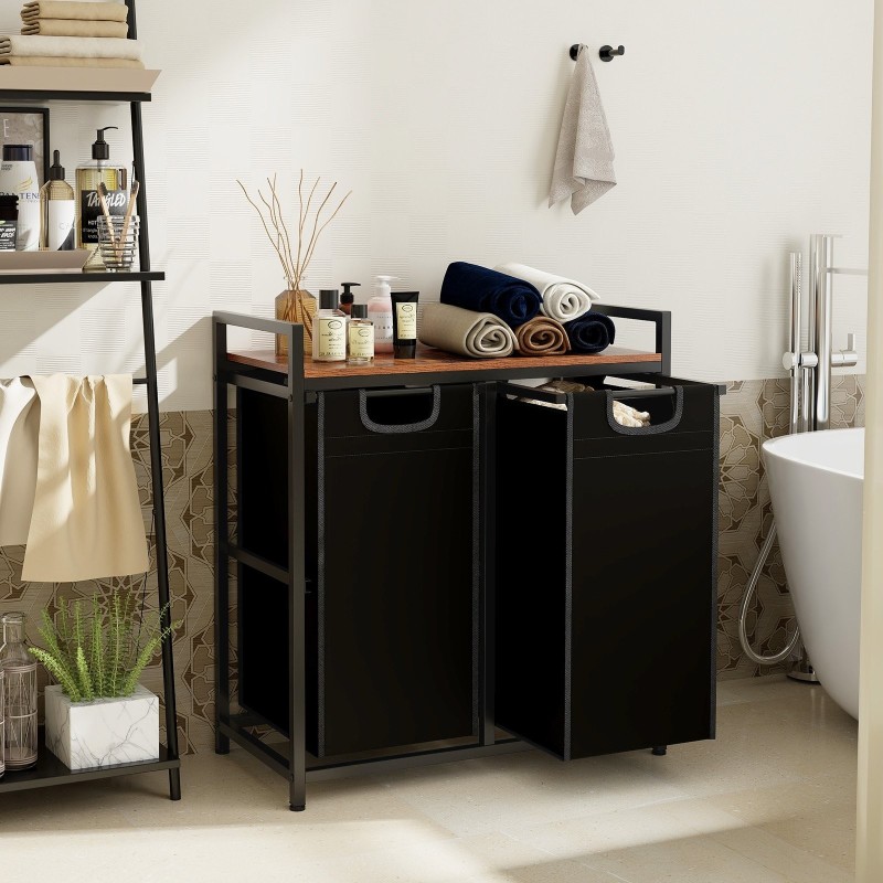 Pyykkikori hyllyllä ja irrotettavilla pusseilla, musta-ruskea