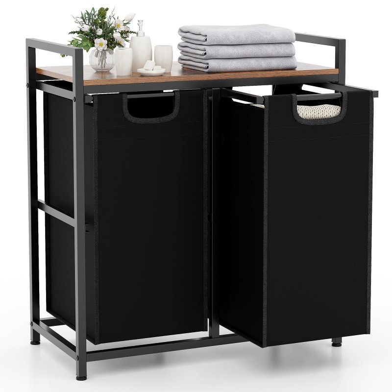 Pyykkikori hyllyllä ja irrotettavilla pusseilla, musta-ruskea