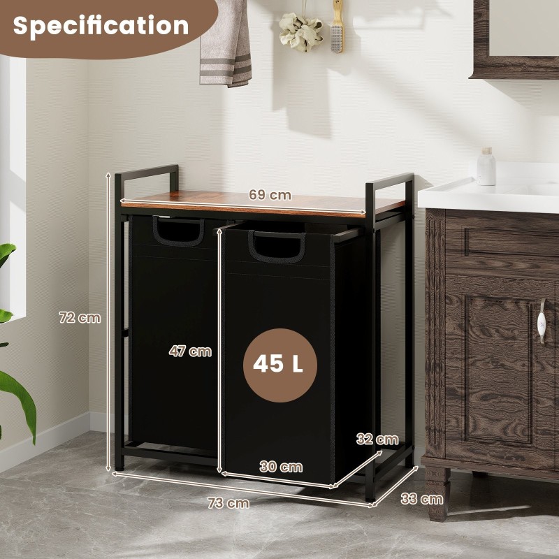 Pyykkikori hyllyllä ja irrotettavilla pusseilla, musta-ruskea