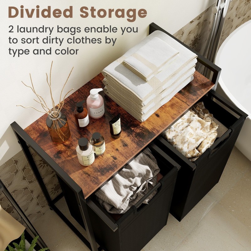 Pyykkikori hyllyllä ja irrotettavilla pusseilla, musta-ruskea