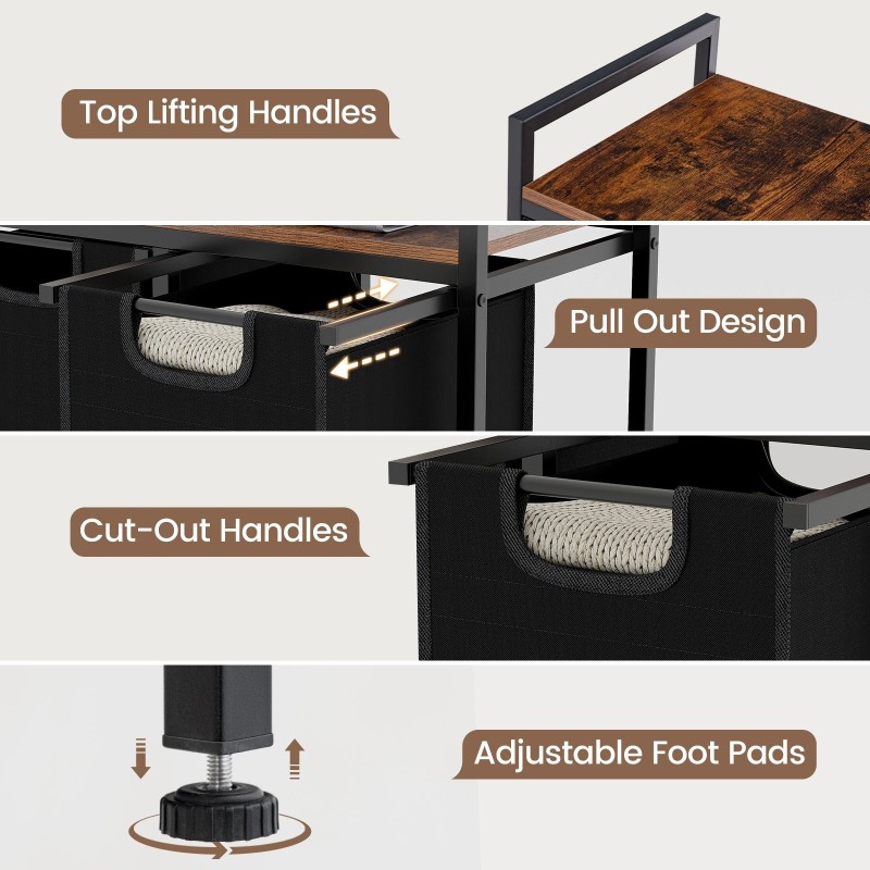 Pyykkikori hyllyllä ja irrotettavilla pusseilla, musta-ruskea