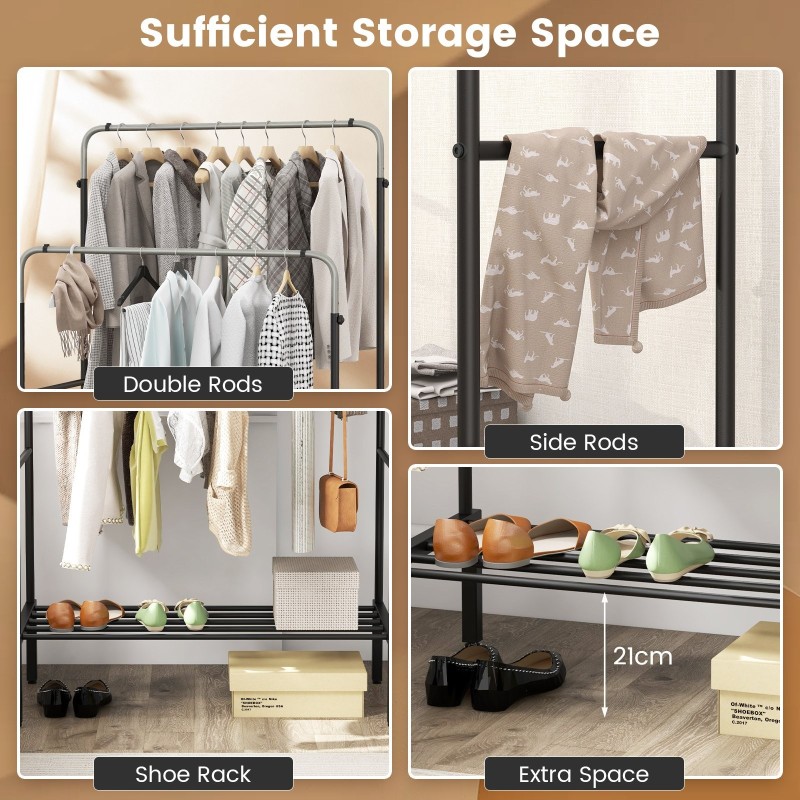 Metallinen vaateteline kahdella tangolla ja kenkähyllyllä hopea