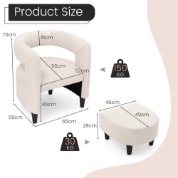 Mukava beige nojatuoli ja rahi puukehyksellä Mukava beige nojatuoli ja rahi puukehyksellä