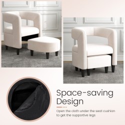 Mukava beige nojatuoli ja rahi puukehyksellä Mukava beige nojatuoli ja rahi puukehyksellä