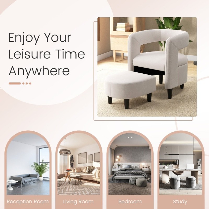 Mukava beige nojatuoli ja rahi puukehyksellä Mukava beige nojatuoli ja rahi puukehyksellä