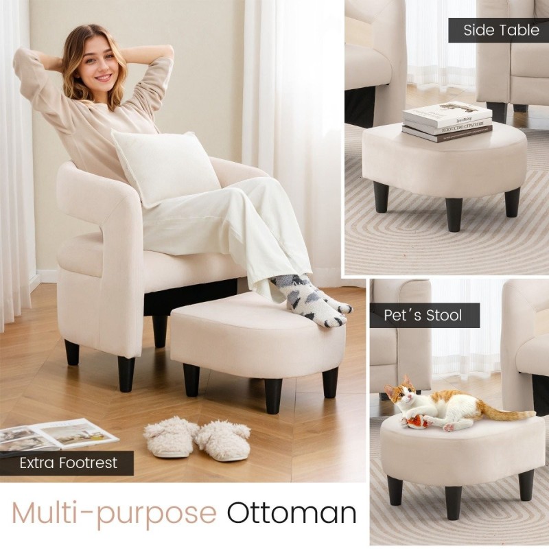 Mukava beige nojatuoli ja rahi puukehyksellä Mukava beige nojatuoli ja rahi puukehyksellä