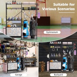 Monipuolinen musta urheiluvälineiden järjestäjä säädettävillä hyllyillä