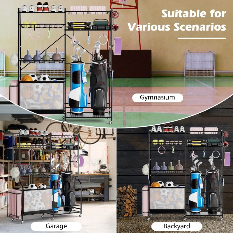 Monipuolinen musta urheiluvälineiden järjestäjä säädettävillä hyllyillä