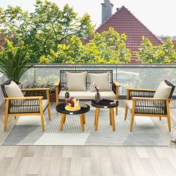 5-osainen ulkokalustesetti akasiapuusta ja sinisillä tyynyillä