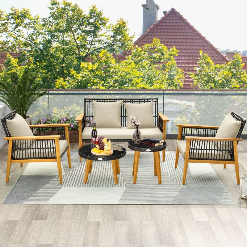 5-osainen ulkokalustesetti akasiapuusta ja sinisillä tyynyillä