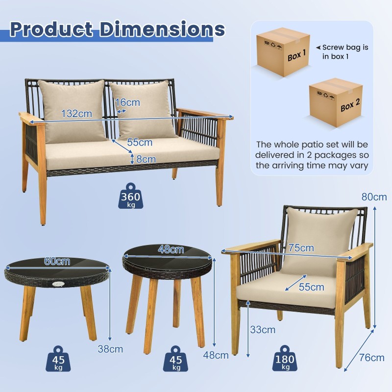 5-osainen ulkokalustesetti akasiapuusta ja sinisillä tyynyillä