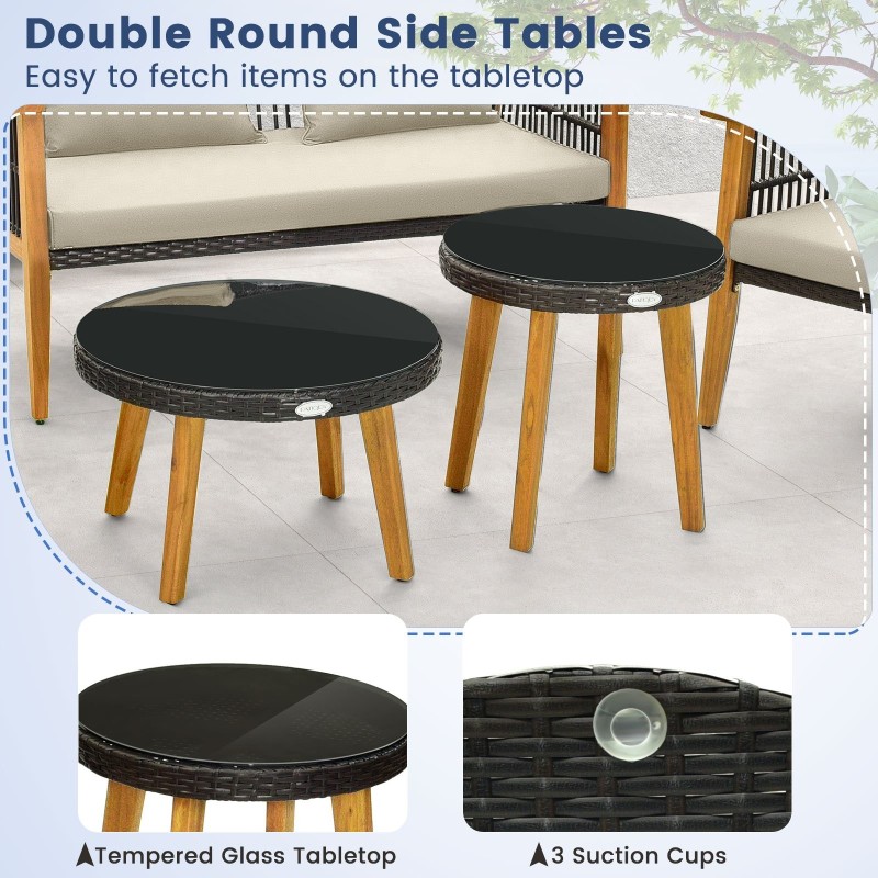 5-osainen ulkokalustesetti akasiapuusta ja sinisillä tyynyillä