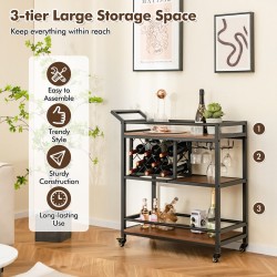 Kolmitasoinen tarjoiluvaunu viinitelineillä ja lasipidikkeillä ruskea