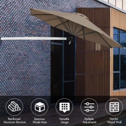 Seinään kiinnitettävä ruskea ulkoaurinkovarjo säädettävällä kulmalla