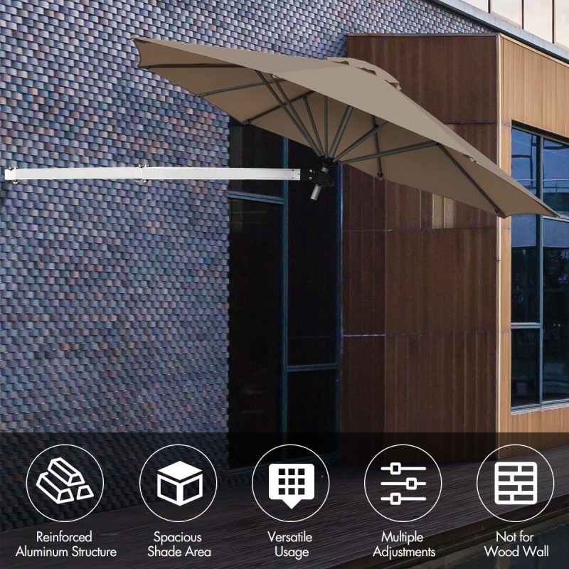 Seinään kiinnitettävä ruskea ulkoaurinkovarjo säädettävällä kulmalla