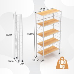 Taitettava 5-tasoinen metallihylly irrotettavilla pyörillä luonnonväri Taitettava 5-tasoinen metallihylly irrotettavilla pyörillä luonnonväri