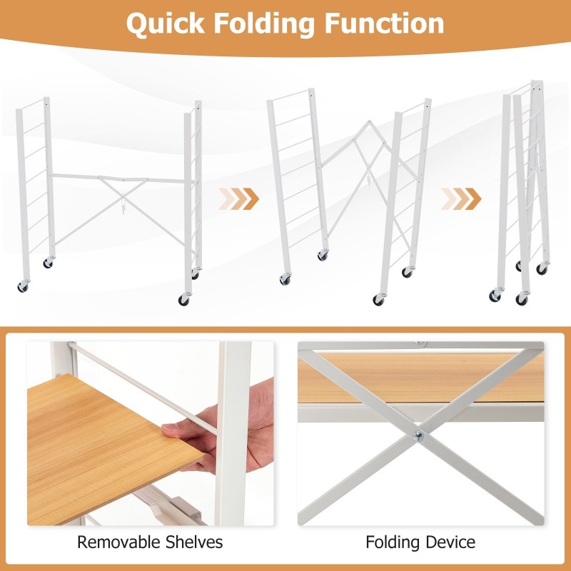 Kolmitasoinen taitettava hyllystö irrotettavilla pyörillä, säädettävät hyllyt