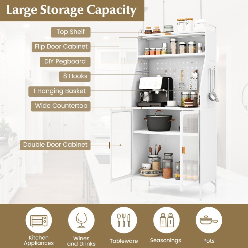 Valkoinen keittiön säilytyskaappi koukuilla