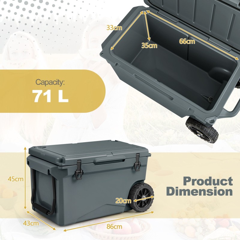 Kannettava harmaa kylmälaukku pyörillä ja kahvoilla 71L