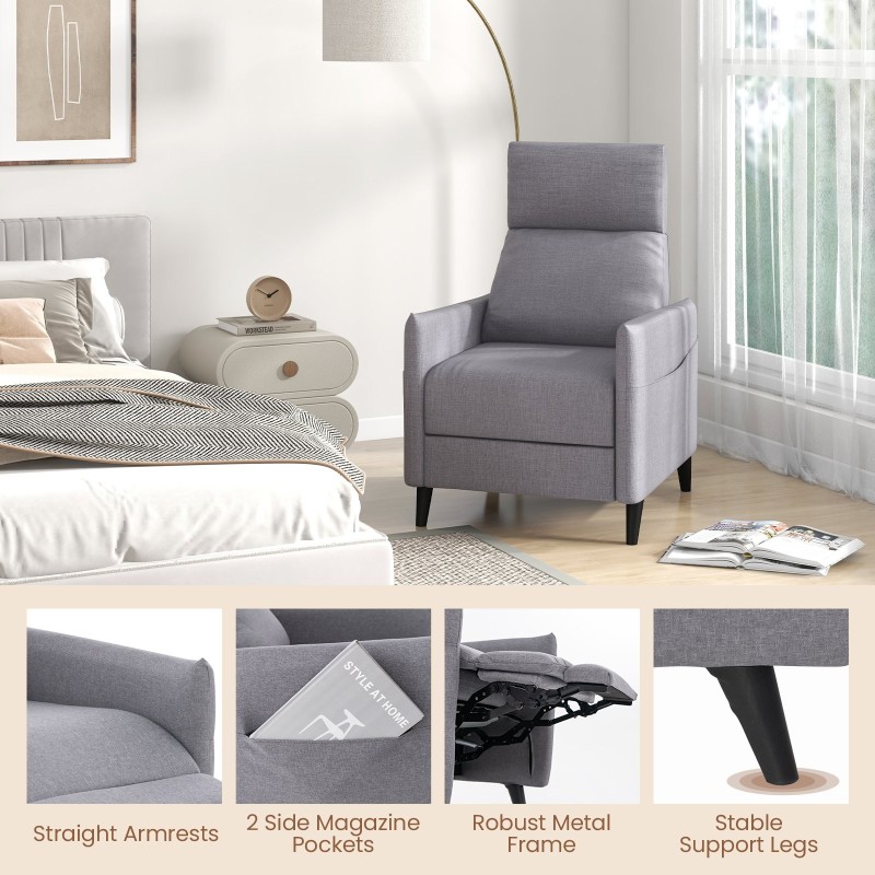 Harmaa säädettävä pellavakangas nojatuoli selkä- ja jalkatuella