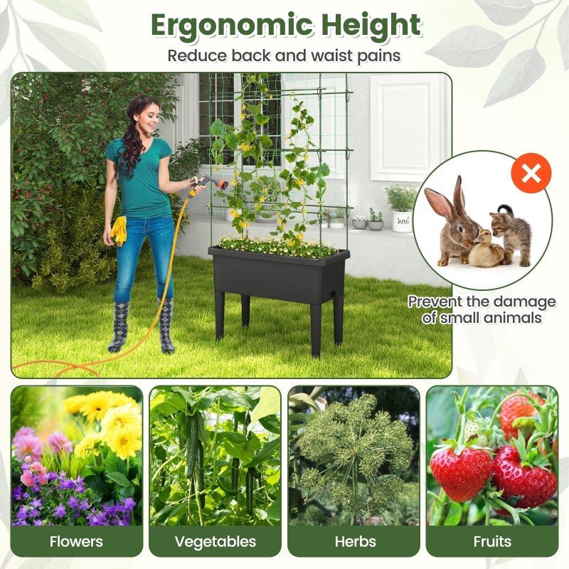 Itsekasteleva kohotettu puutarhapenkki kiipeilyritilällä musta