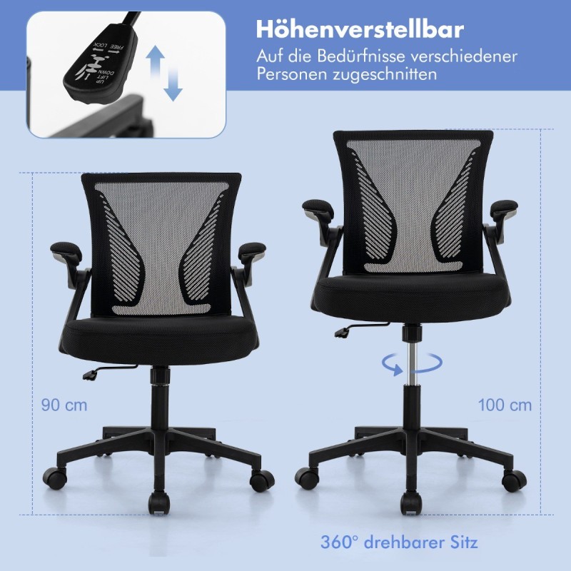 Ergonominen säädettävä toimistotuoli kääntyvillä käsinojilla musta