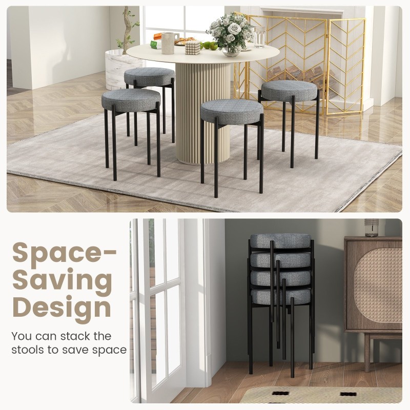 Neljä pinottavaa tummanharmaata keittiötuolia metallijaloilla