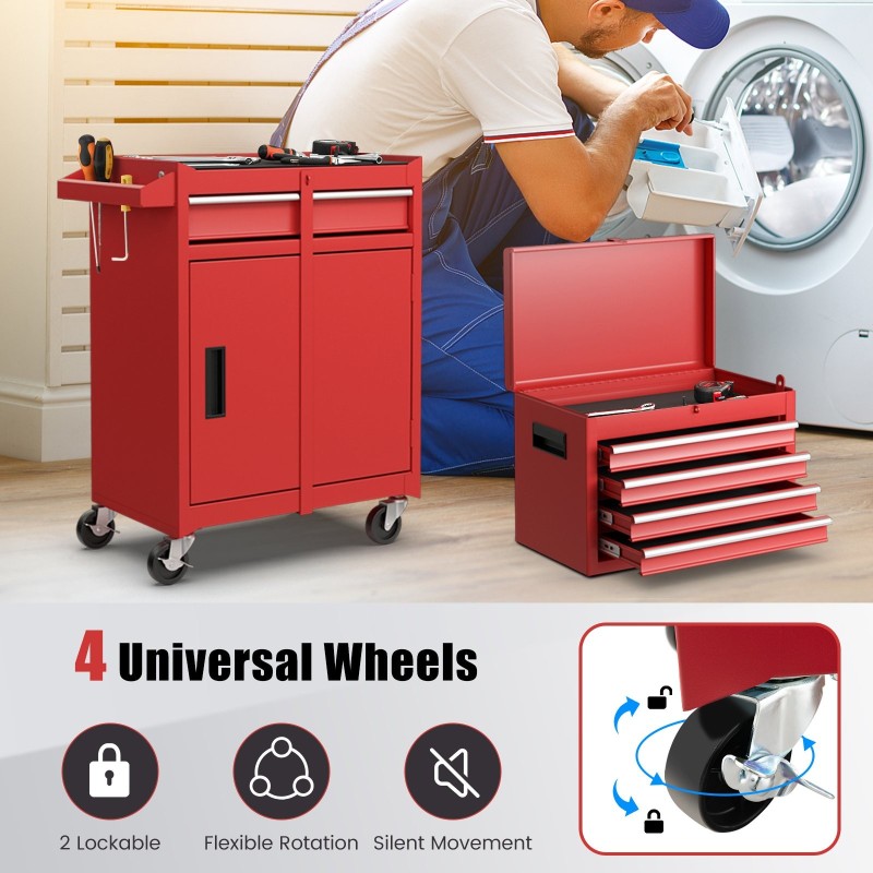 Korkeakapasiteettinen punainen työkalukaappi lukittavilla pyörillä