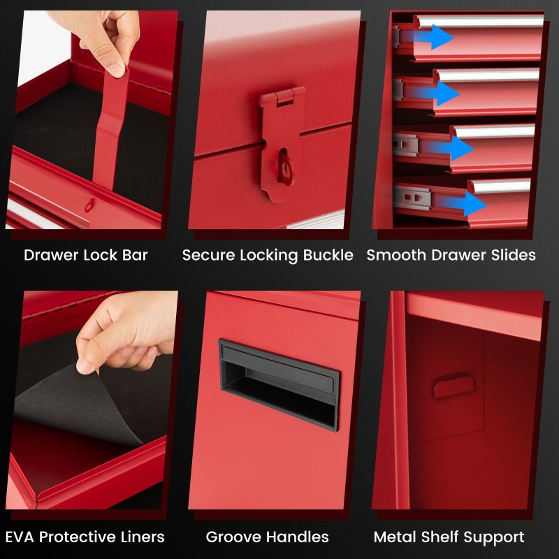 Korkeakapasiteettinen punainen työkalukaappi lukittavilla pyörillä