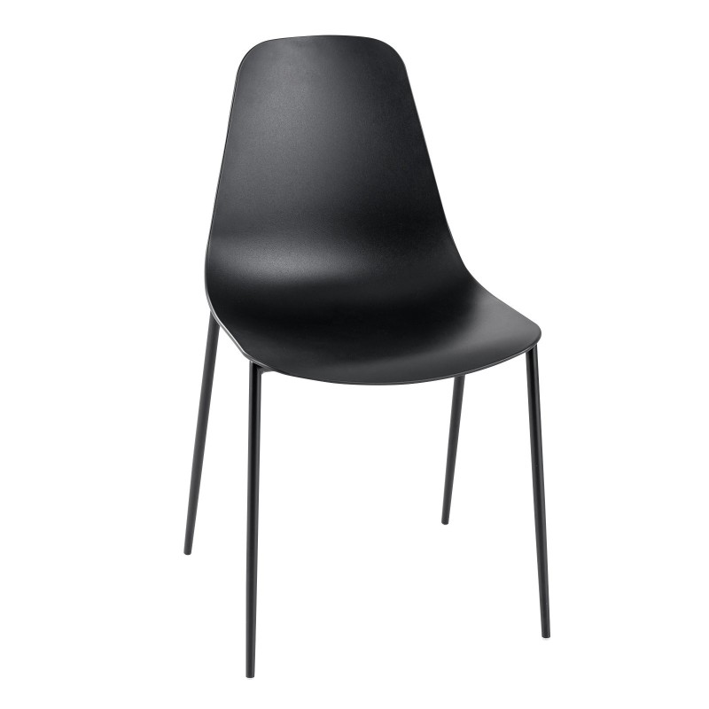 Neljä mustaa metallijalkaista ruokailutuolia ilman käsinojia