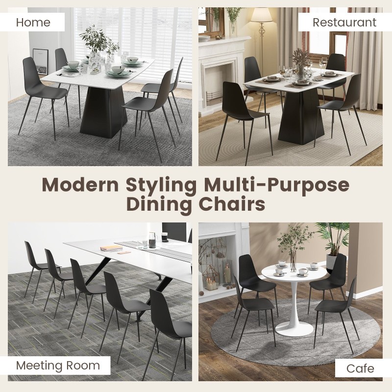 Neljä mustaa metallijalkaista ruokailutuolia ilman käsinojia