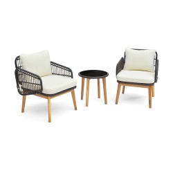 Kolmen osan ruskea rottinkinen patiotuolisetti irrotettavilla tyynyillä