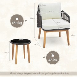 Kolmen osan ruskea rottinkinen patiotuolisetti irrotettavilla tyynyillä