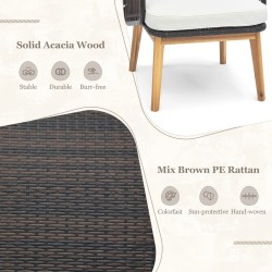 Kolmen osan ruskea rottinkinen patiotuolisetti irrotettavilla tyynyillä