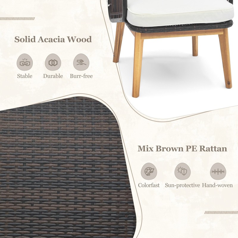 Kolmen osan ruskea rottinkinen patiotuolisetti irrotettavilla tyynyillä